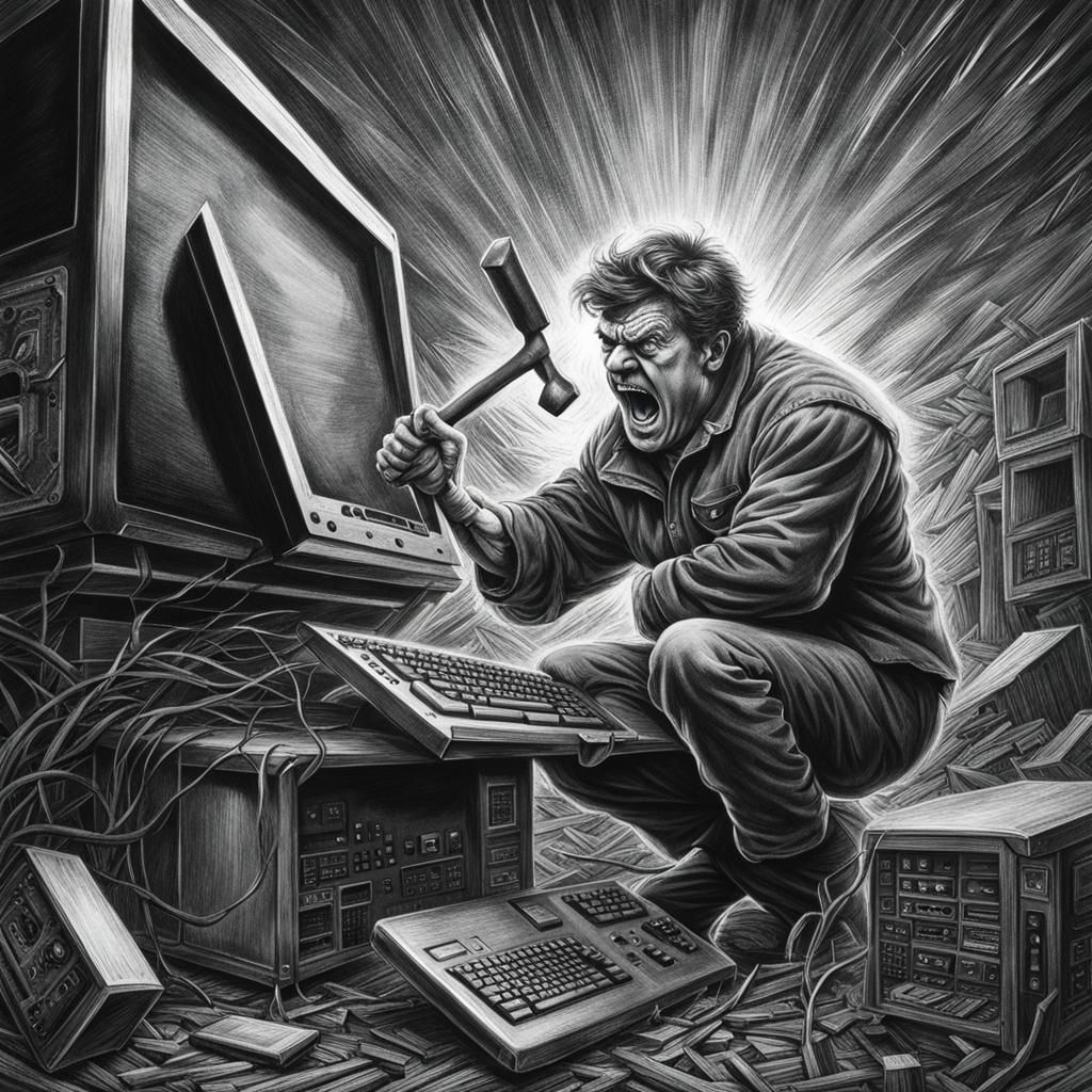 Man Destroys Computer: Hyperdetailed Charcoal Drawing