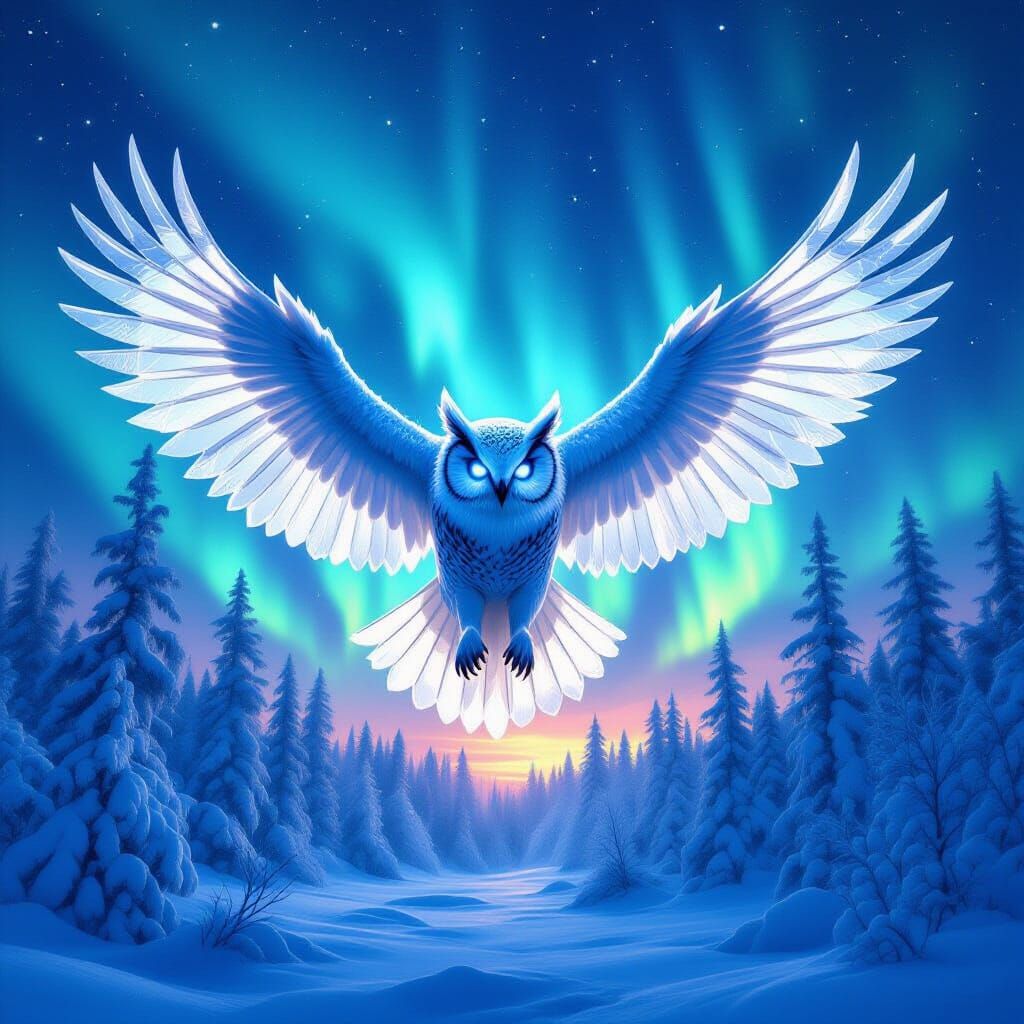 Icy Owl Soaring Under Aurora Borealis