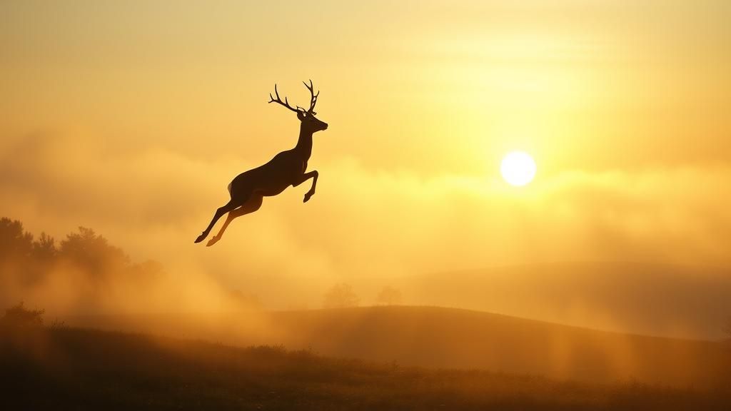 Deer Leaping Through Misty Landscape in Romantic Style