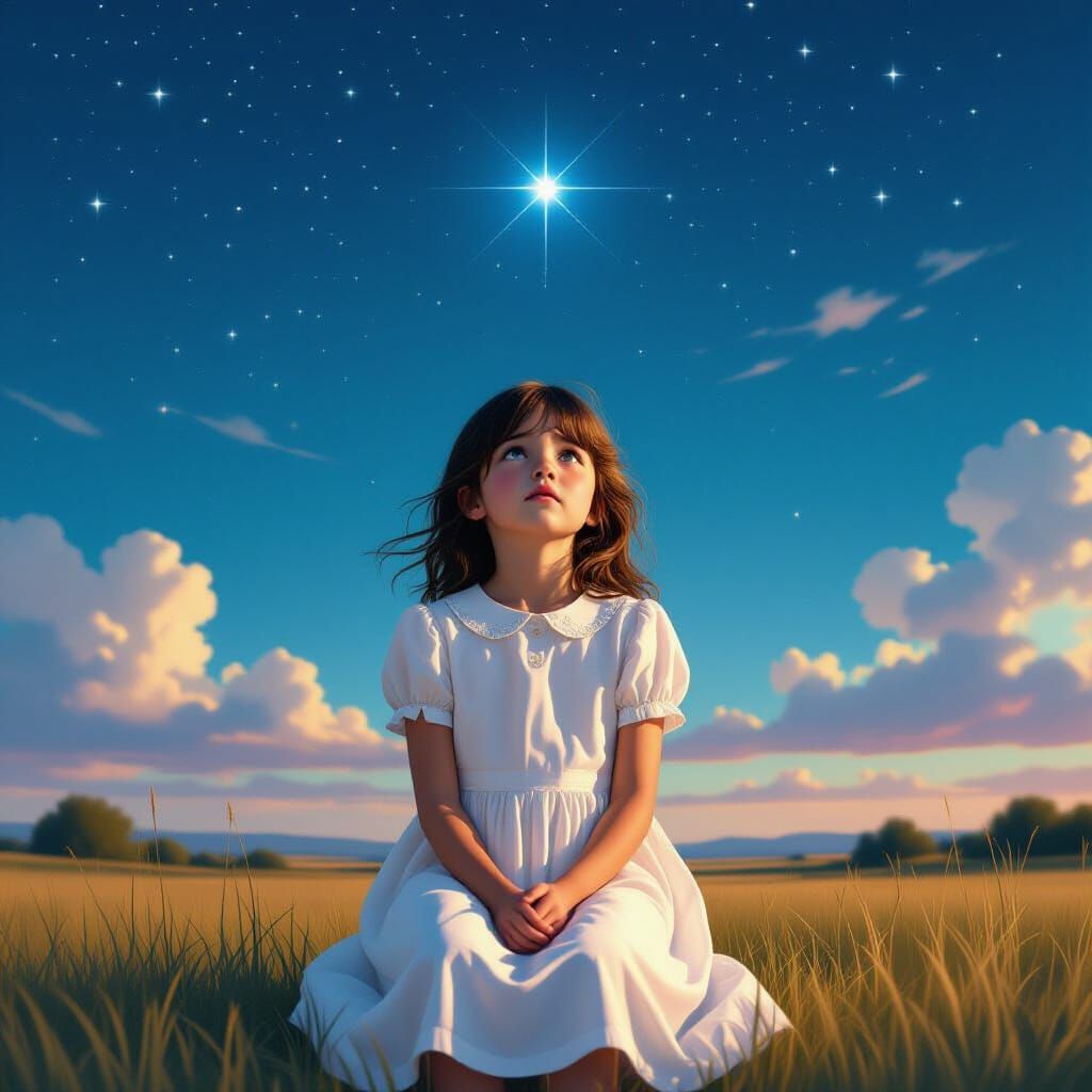Hyperrealistic Girl Crying Under Starry Sky