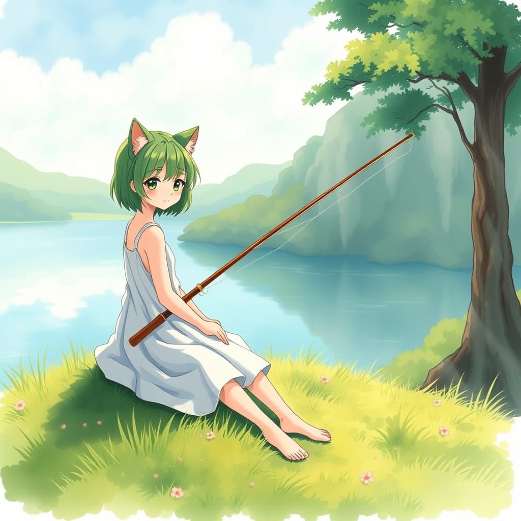 Anime Catgirl Enjoys Serene Lake Scene
