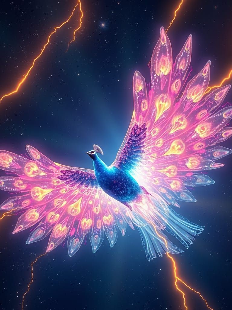 Crystal Peacock Soars Through Cosmic Expanse in 3D Style