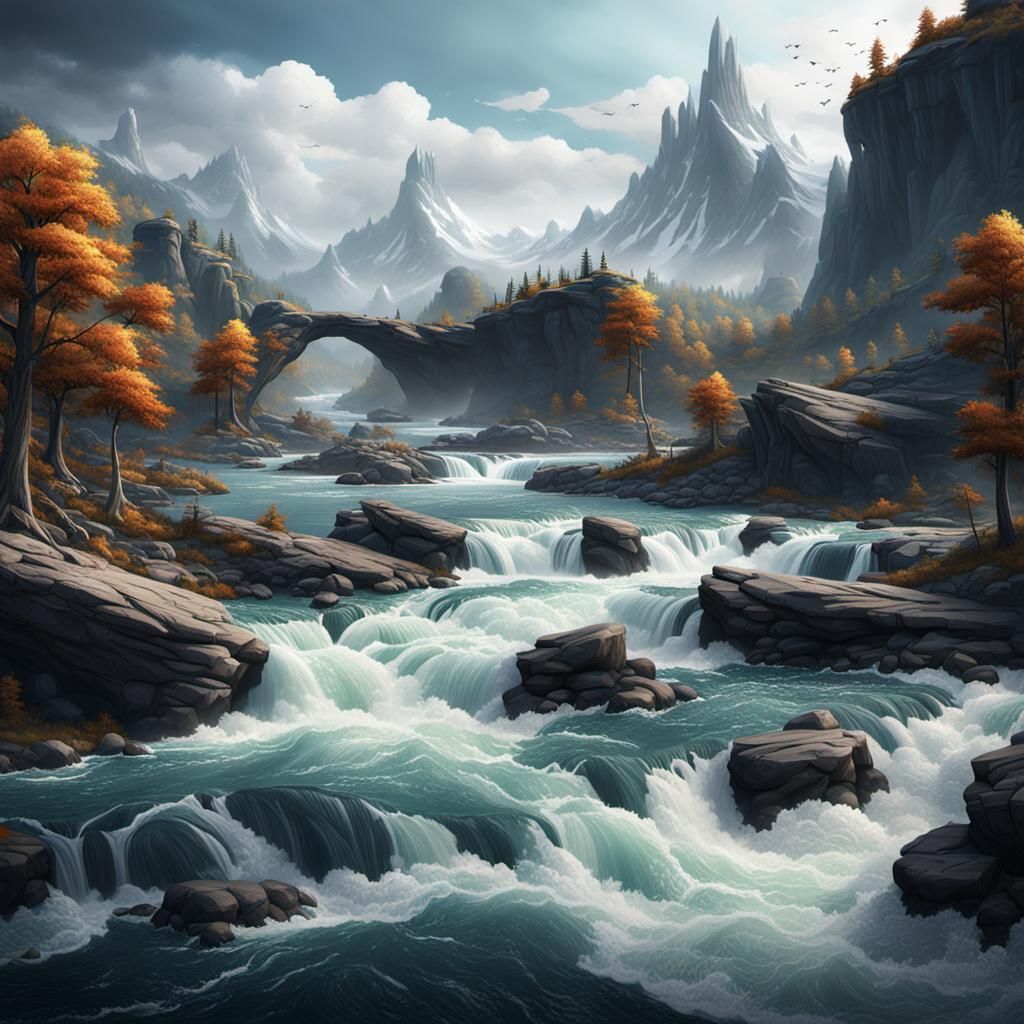 Fantastical White Water Rapids in Detailed Matte Painting