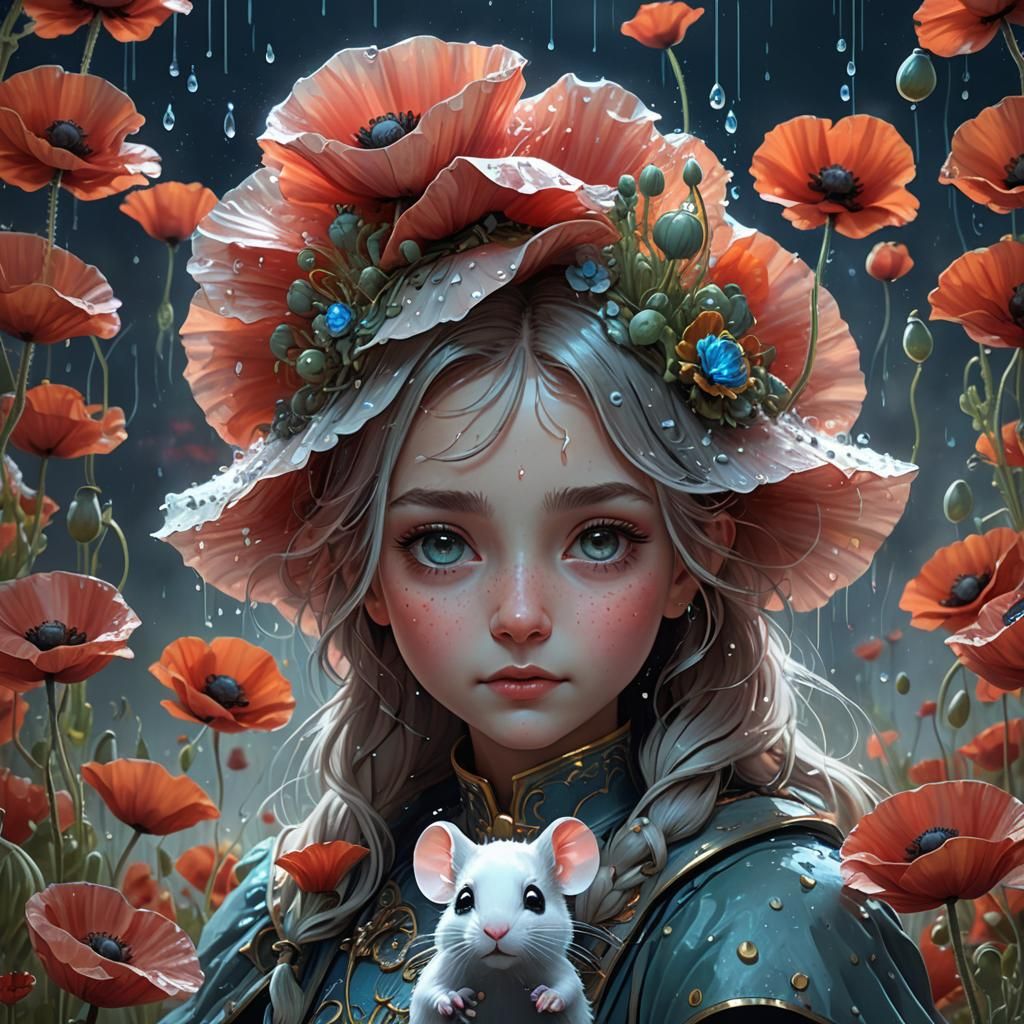 Bioluminescent Poppy with Mouse in Dreamy 3D Render