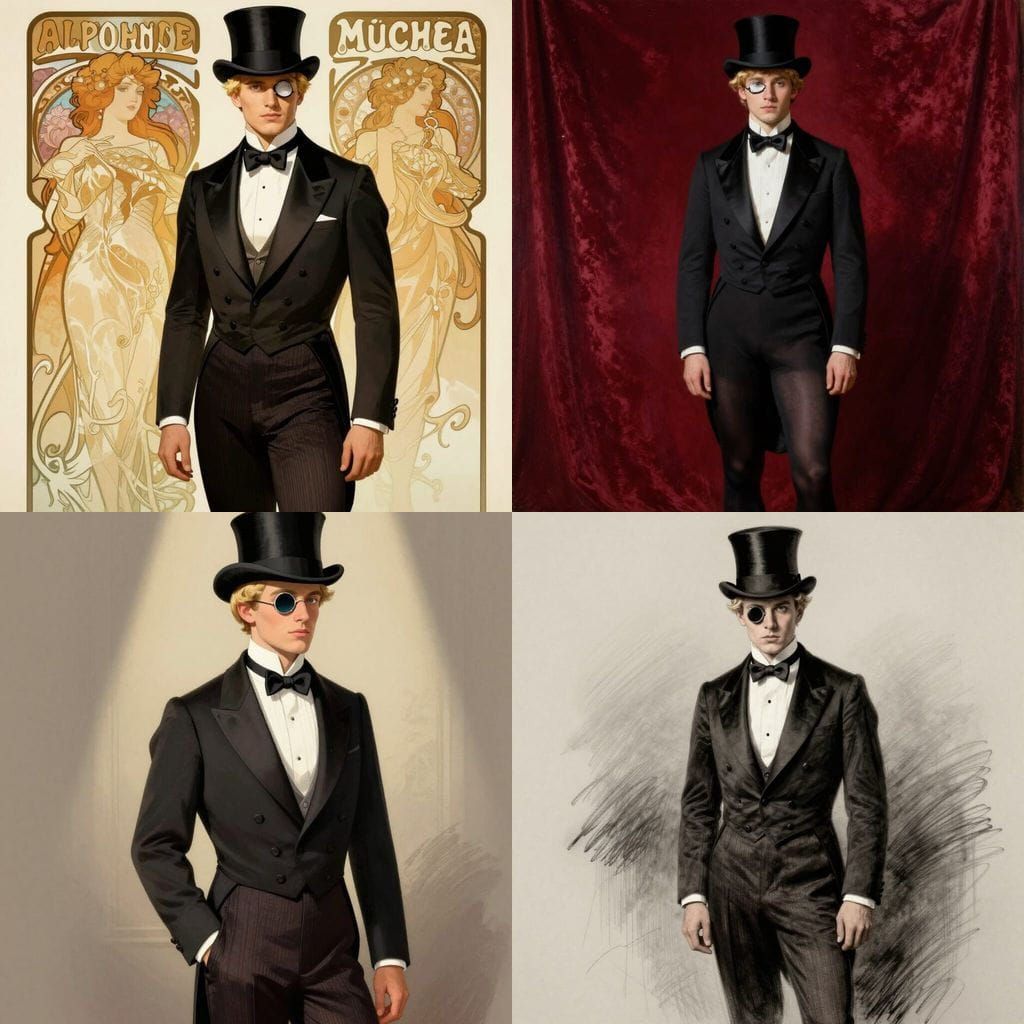 Dapper Blond Man in Tuxedo, Monocle, and Top Hat