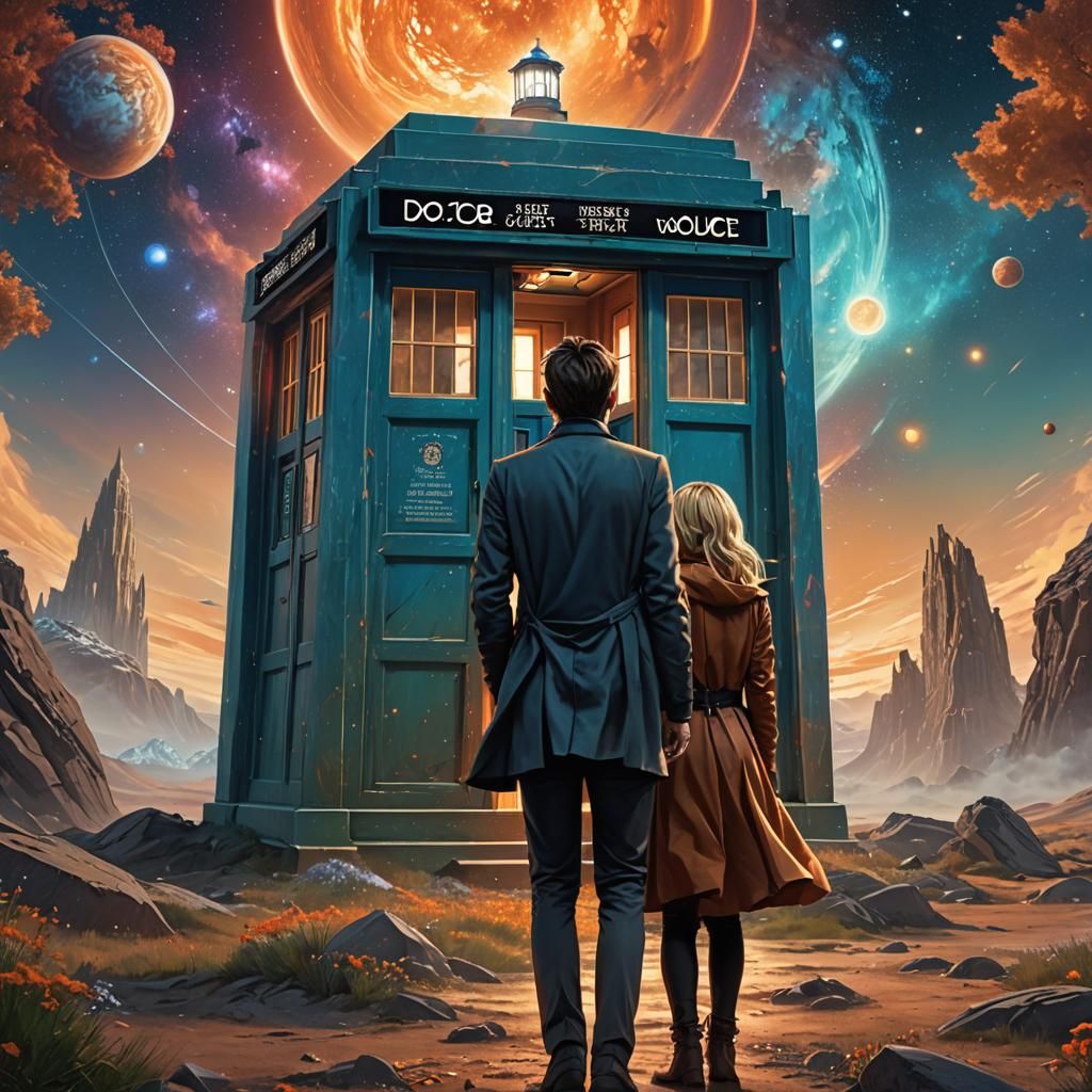 Doctor Who and Rose Tyler Face the TARDIS