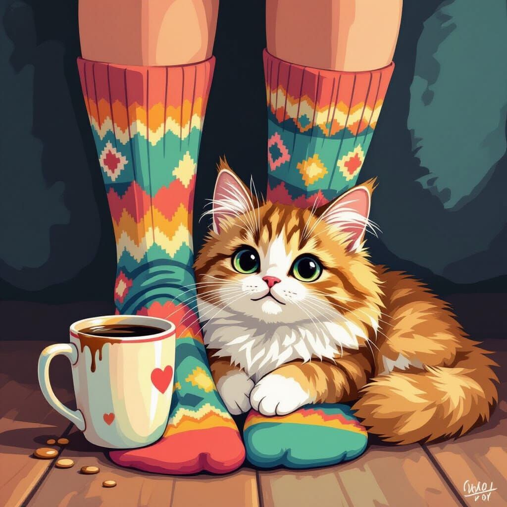 Cartoon Cat Socks with Spilled Coffee: Digital Art
