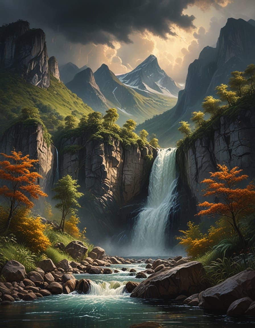 Vibrant Mountain Waterfall Landscape Oil Painting