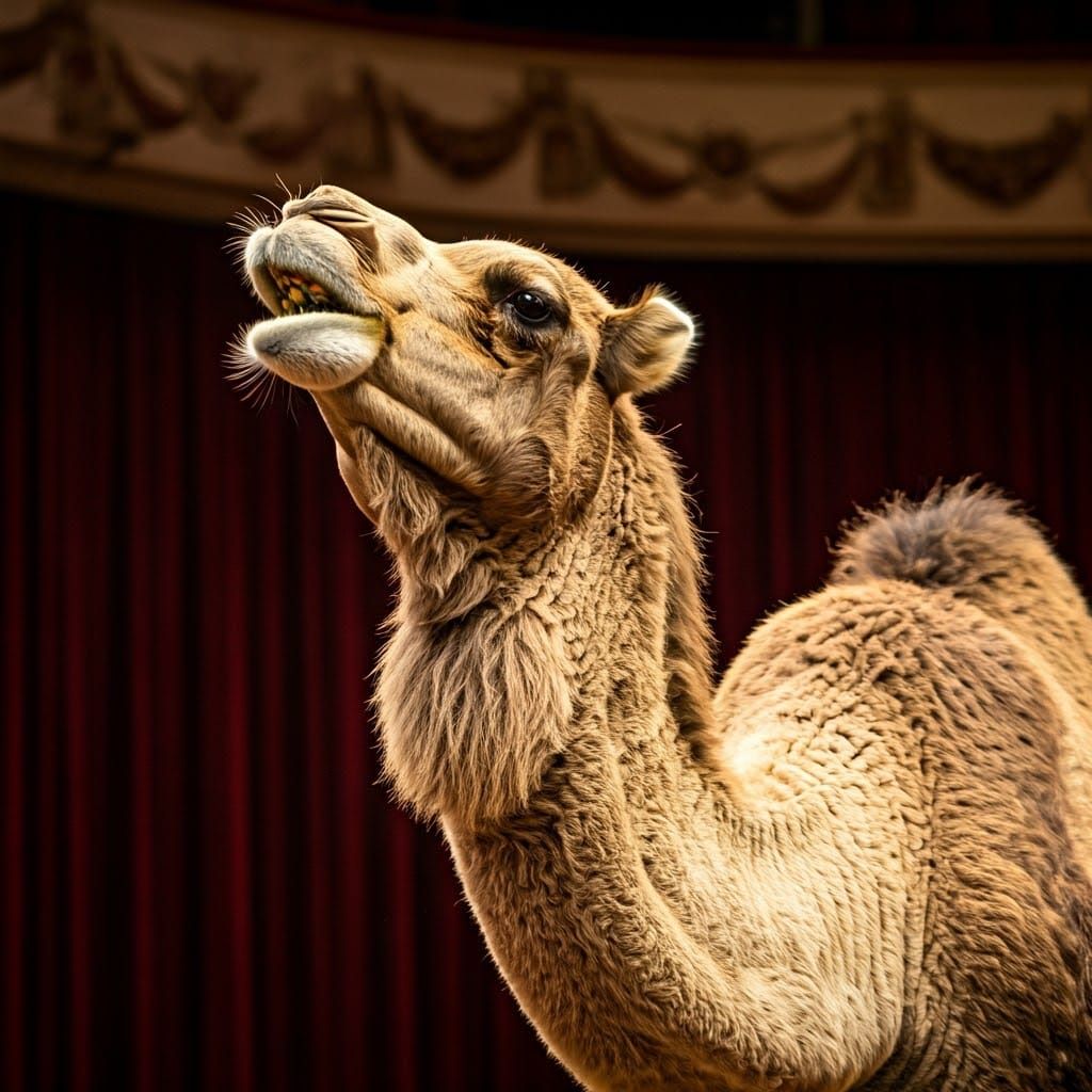 Dromedary Camel with Dramatic Expression on Stage