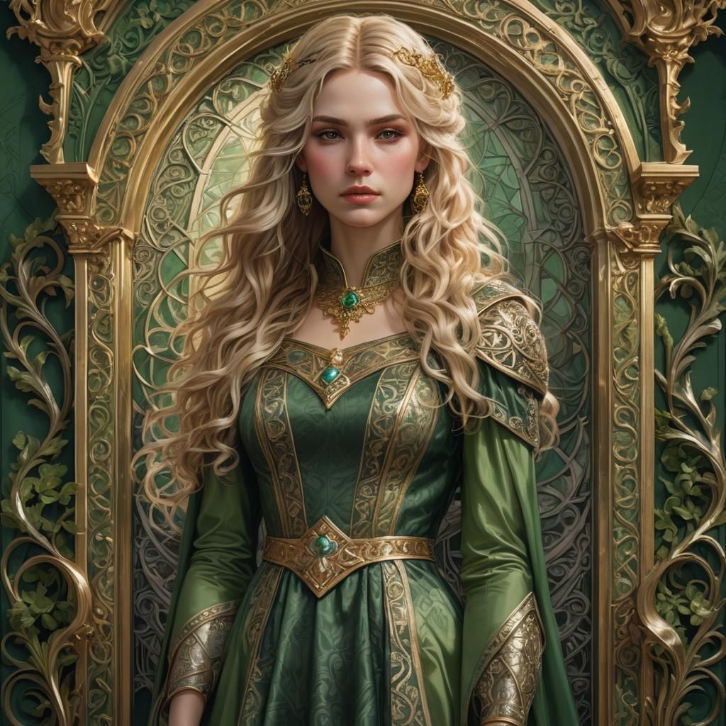 Woman in Green Gown Before Ornate Frame