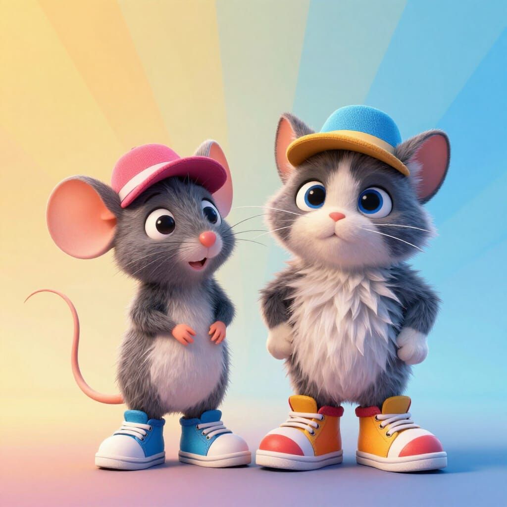 Anthropomorphic Mouse and Cat in Colorful Shoes
