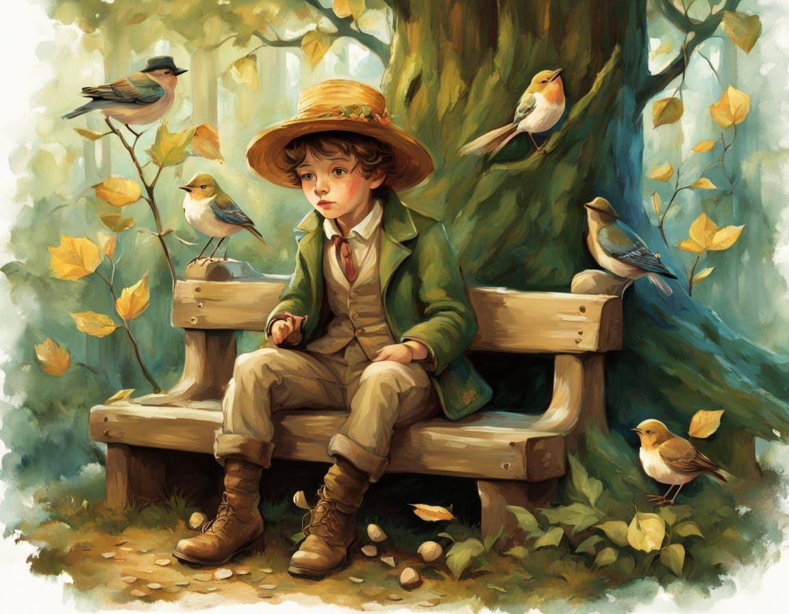 A Whimsical Boy Enjoys an Enchanted Forest Scene
