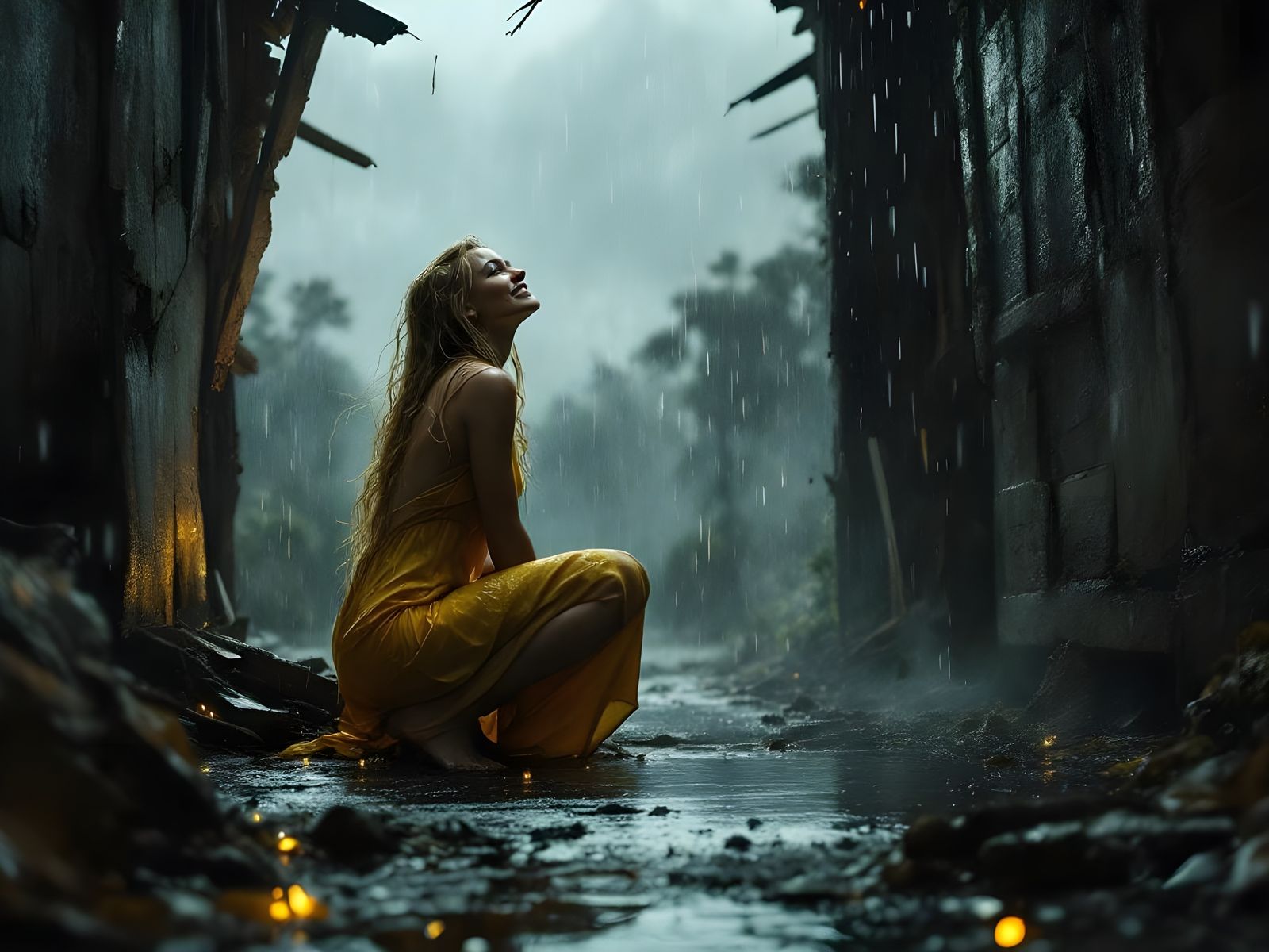 Norse Goddess in Summer Rain, Dark Art Style