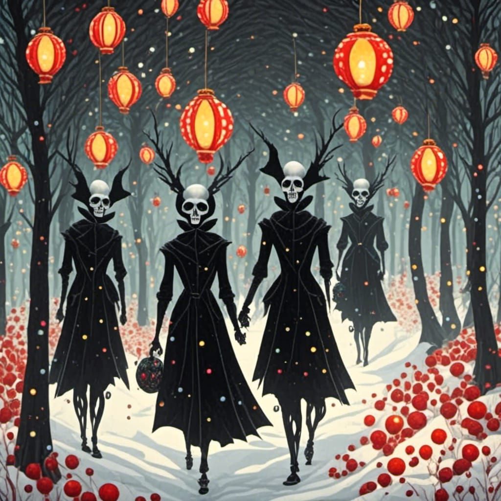 Skeletons in Black Coats Walk a Christmas Forest