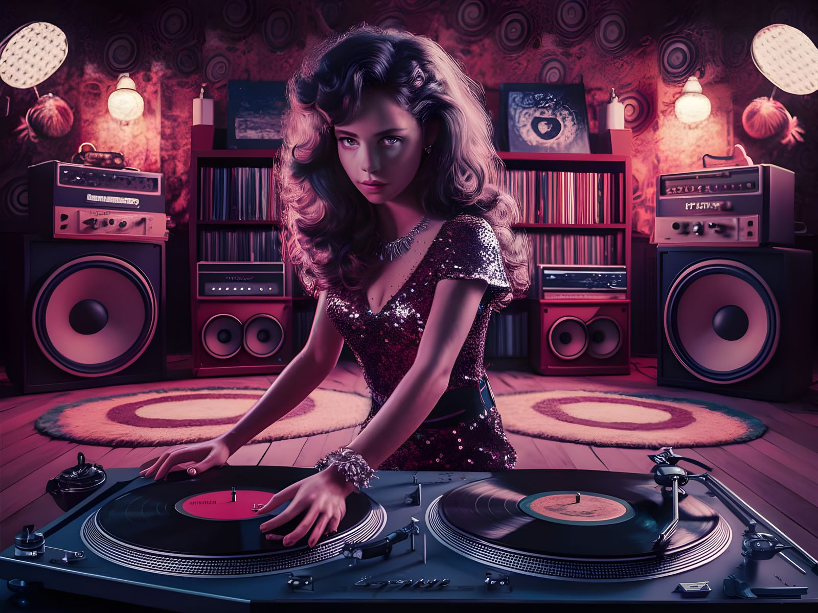 Stylish 70s Girl with Vintage Turntable