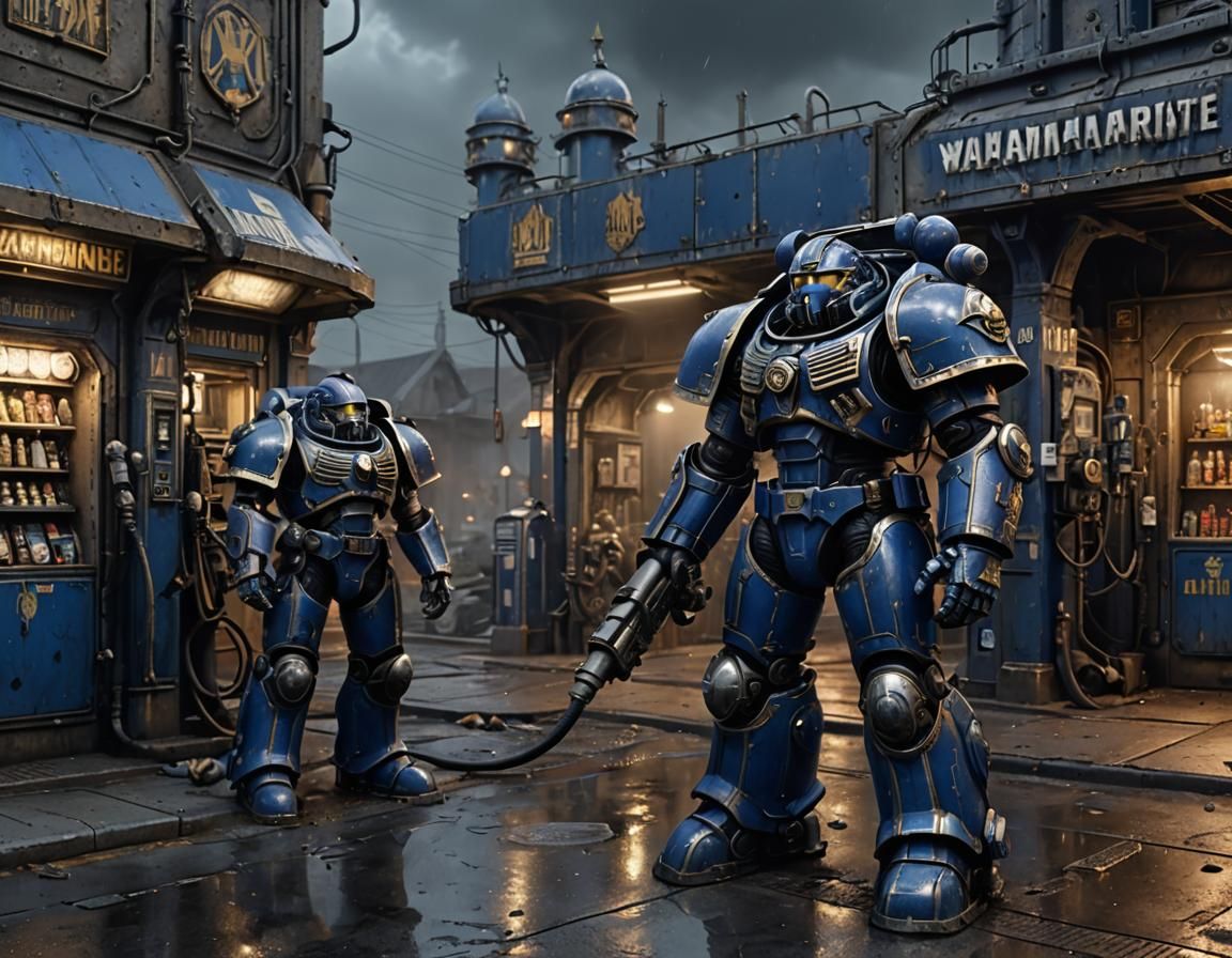Ultramarine Refuels at Gothic Gas Station in 40K Art
