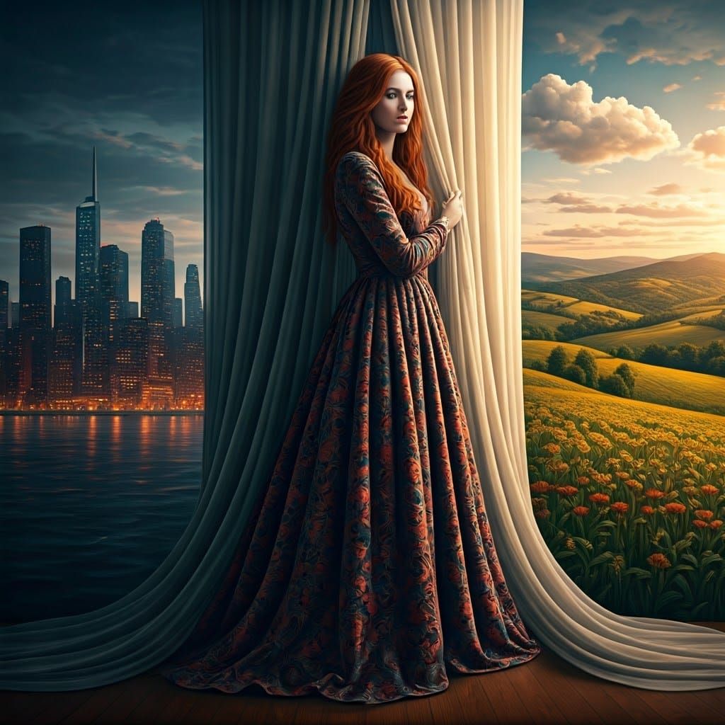 Mystical Woman Between City and Country in Surreal Style