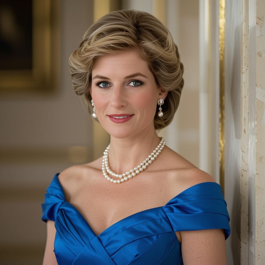 Princess Diana in Blue Dress with Pearl Jewelry