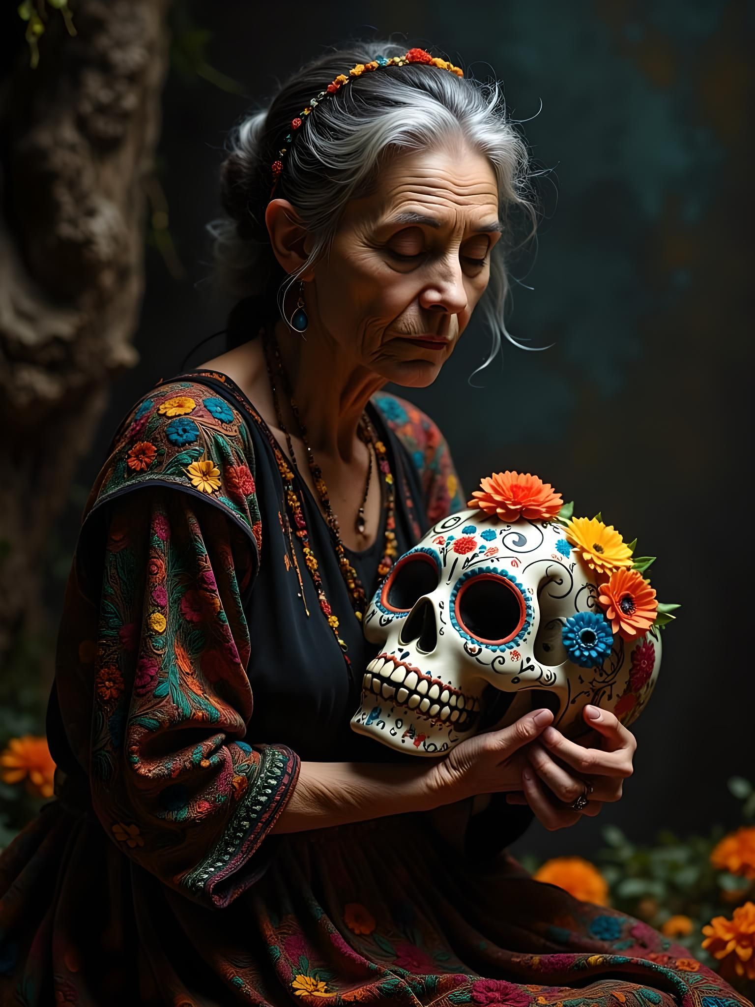 Día de los Muertos Woman with Flowery Skull