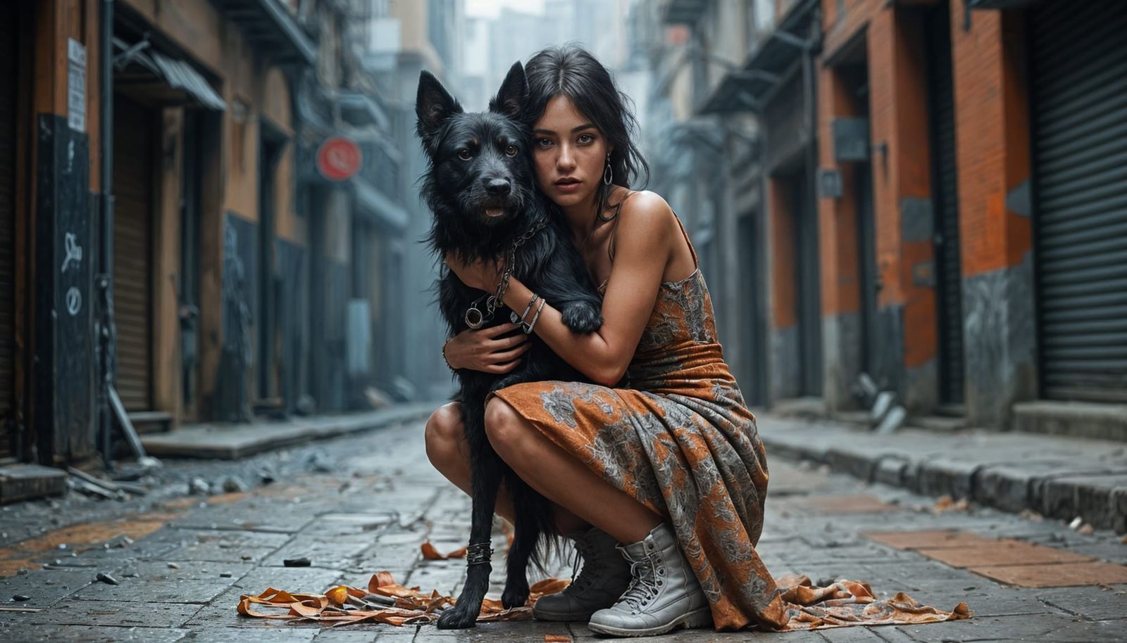 Urban Edginess in Oil: Moody Woman with Dog