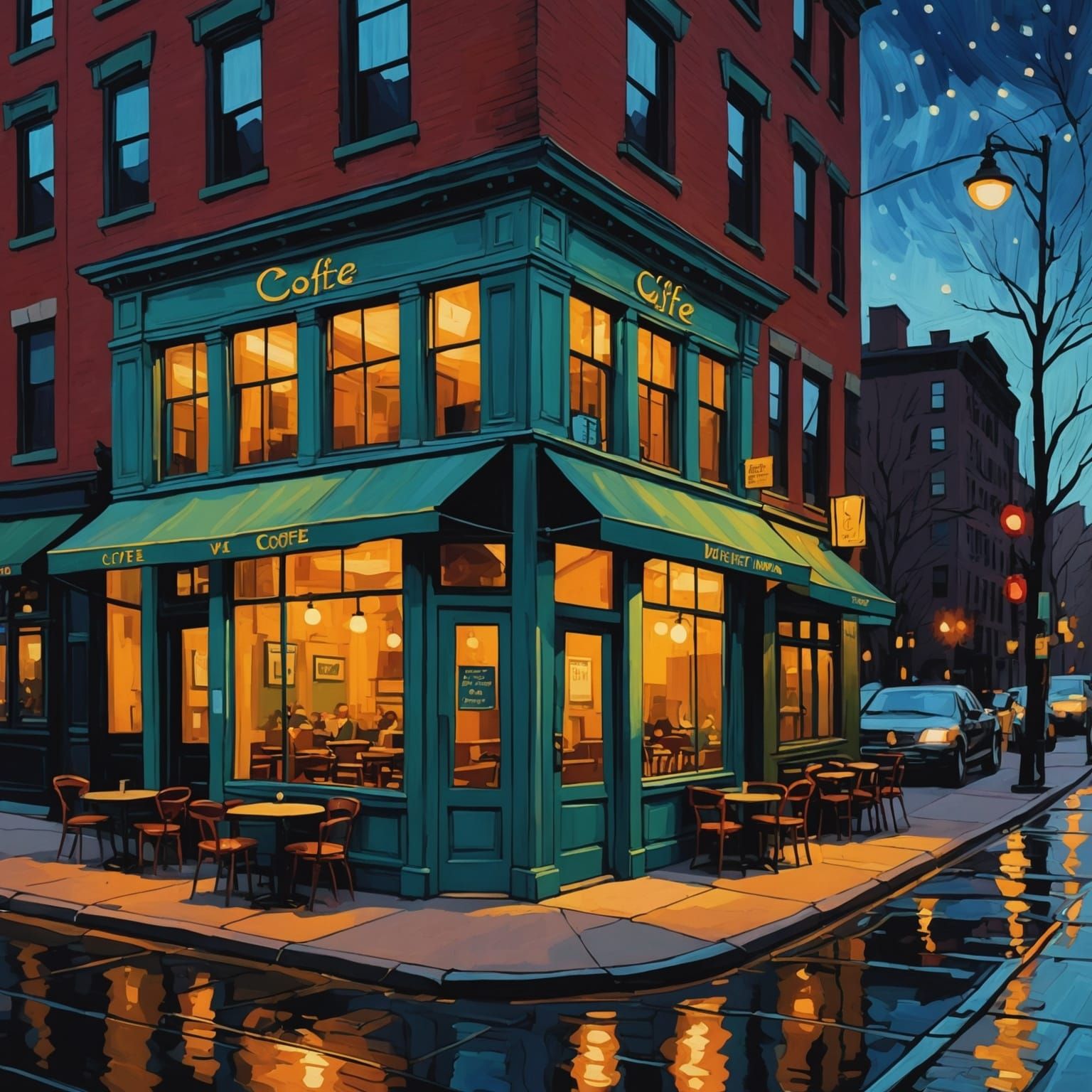 Coffee Shop in Boston: Van Gogh Style Twilight Painting