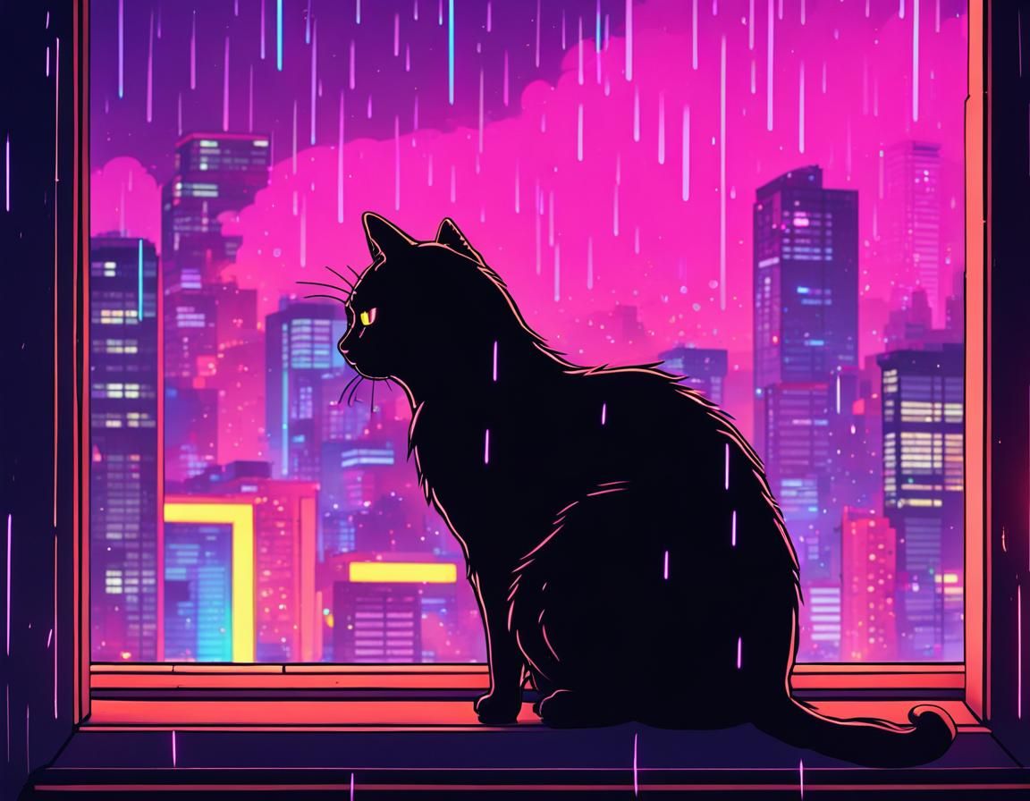 Black Cat Watching Tokyo Rain: Synthwave Neon