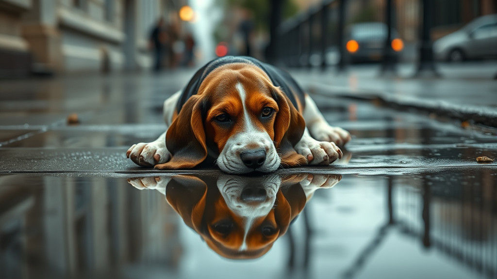 Sad Basset Hound Reflection on Rainy Day