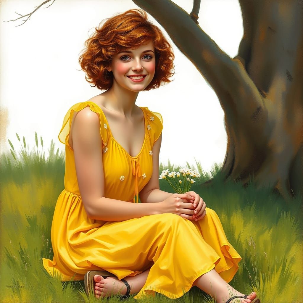 Surreal Oil Painting of Young Woman in Yellow Sundress