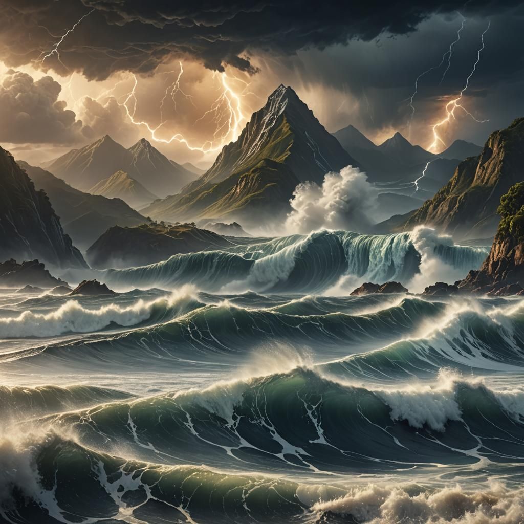 Epic Tsunami Wave Crashing on Mountain Shore