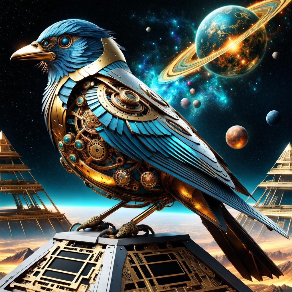 Steampunk Mechanical Bird in Celestial Scene
