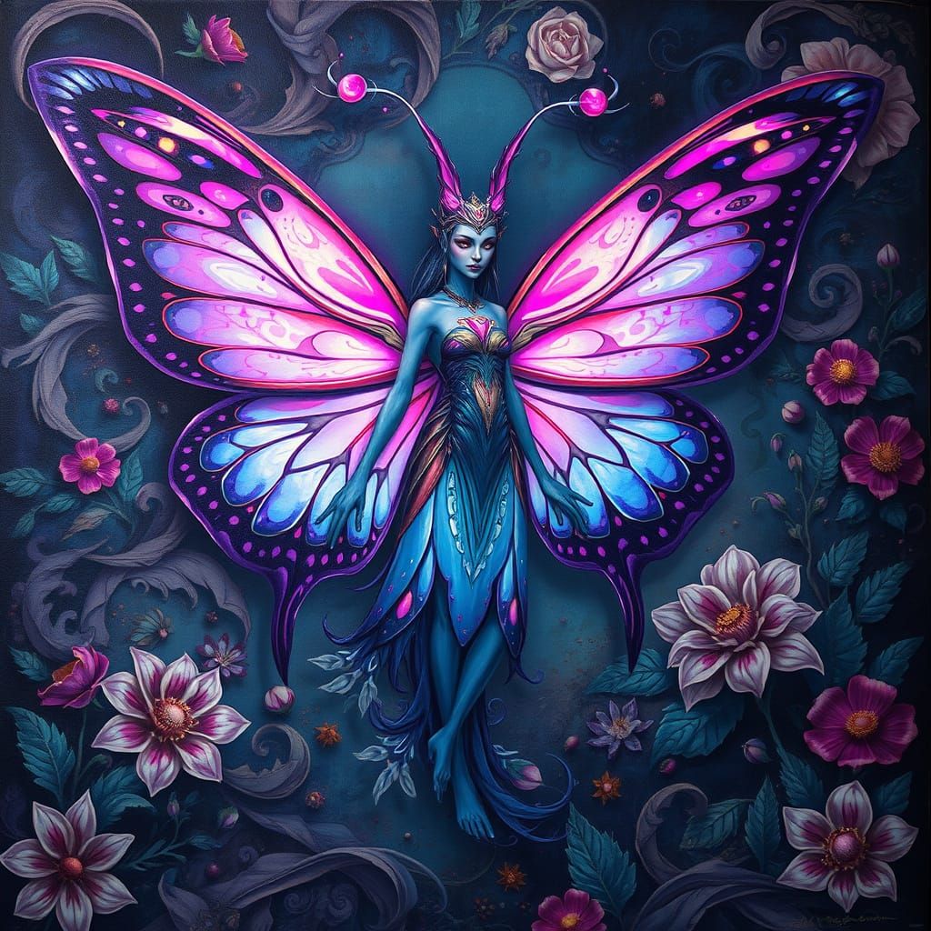 A mesmerizing and otherworldly painting featuring a central figure that is a captivating fusion of a humanoid and a butt...