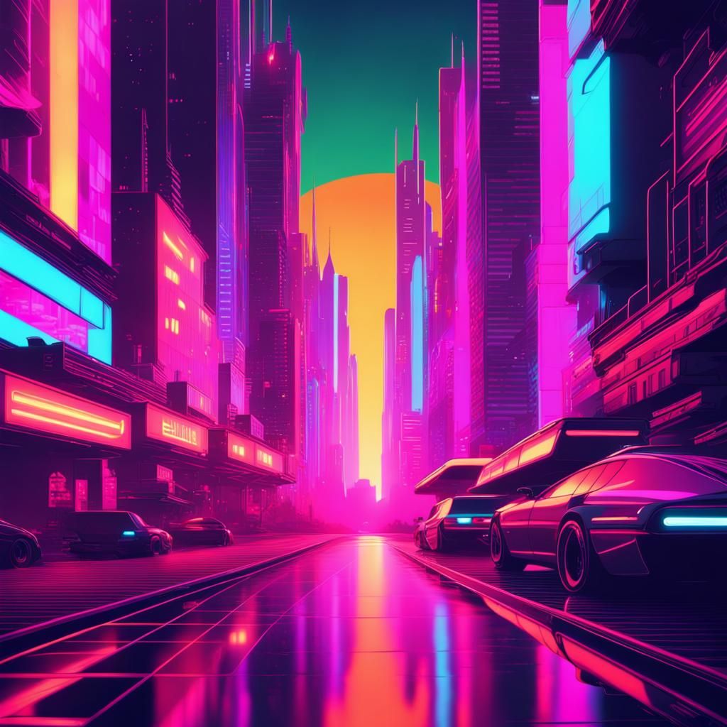 Vibrant Neon Cityscape in Synthwave Style