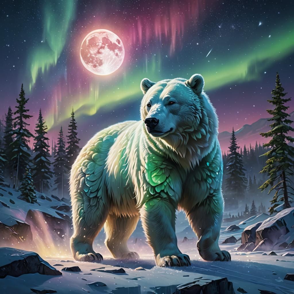 White Bear Under Iridescent Moon with Northern Lights