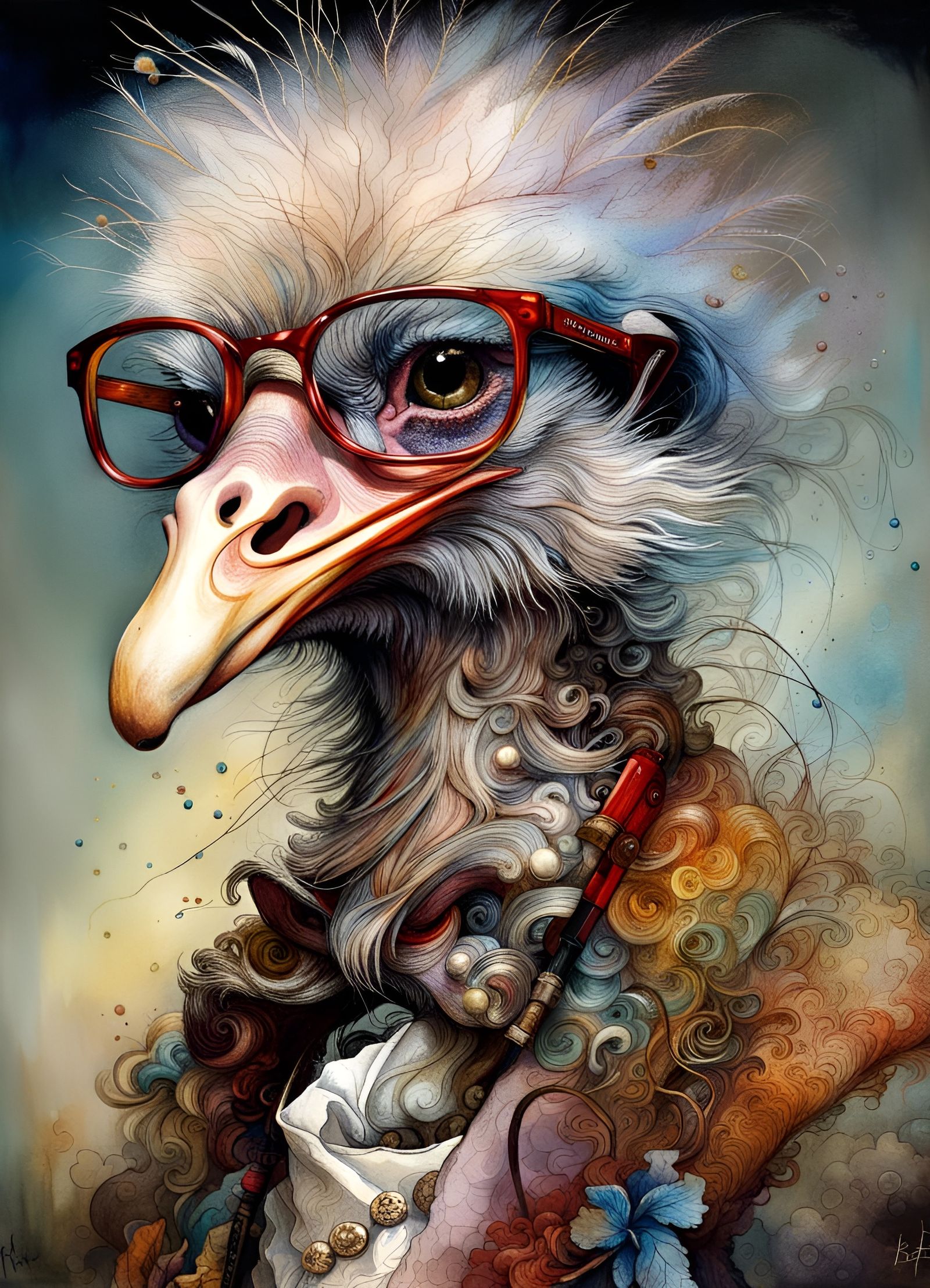 Elaborate Ostrich Portrait in Fantasy Art Style