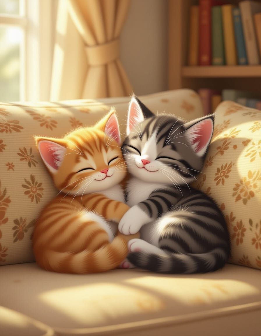 Cute Kittens Sleeping on Sofa in Disney Animation Style