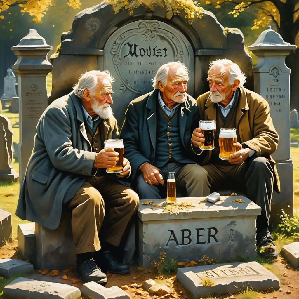 Two old German men sitting at their friends grave drinking a...