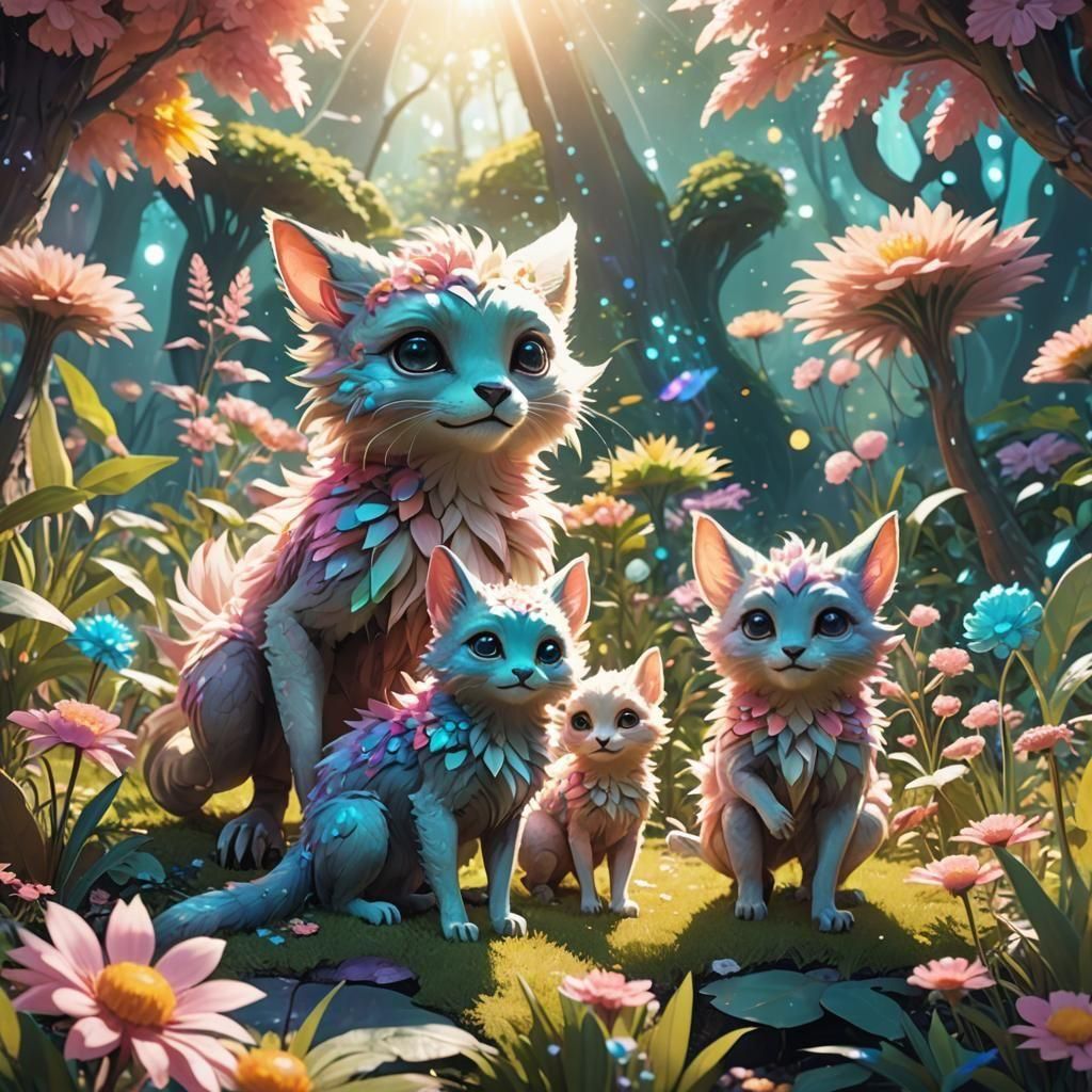 Furry Alien Family in a Futuristic Garden