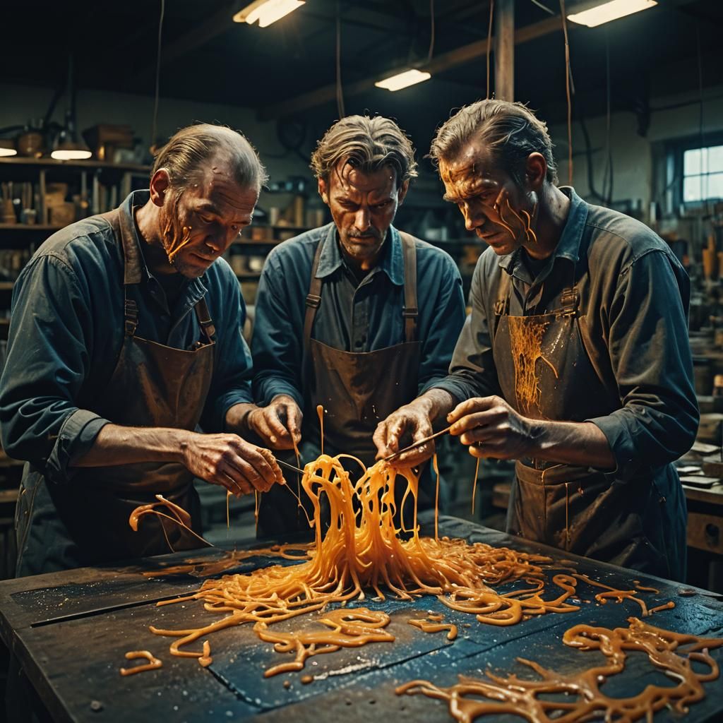 Arachnid Men Wax Bending: Cinematic Film Still