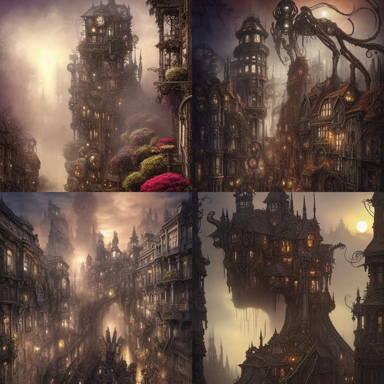 Steampunk Townhouses with Alien Garden at Sunset