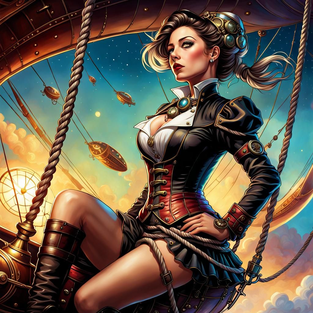 Steampunk Girl on Airship in Hyperrealistic Style