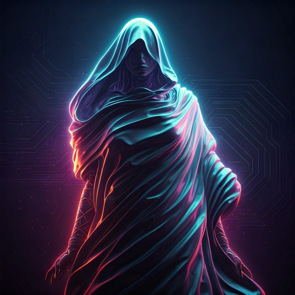 Otherworldly Being in Iridescent Aura Amidst Neon Vortex