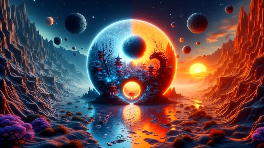 Yin and Yang Dreamscape with Celestial Animals