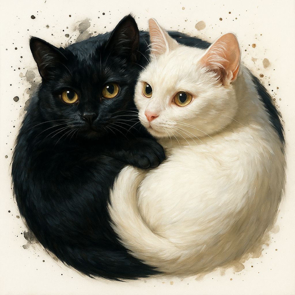 Yin Yang Cats Cuddling in Hyperrealistic Splash Art