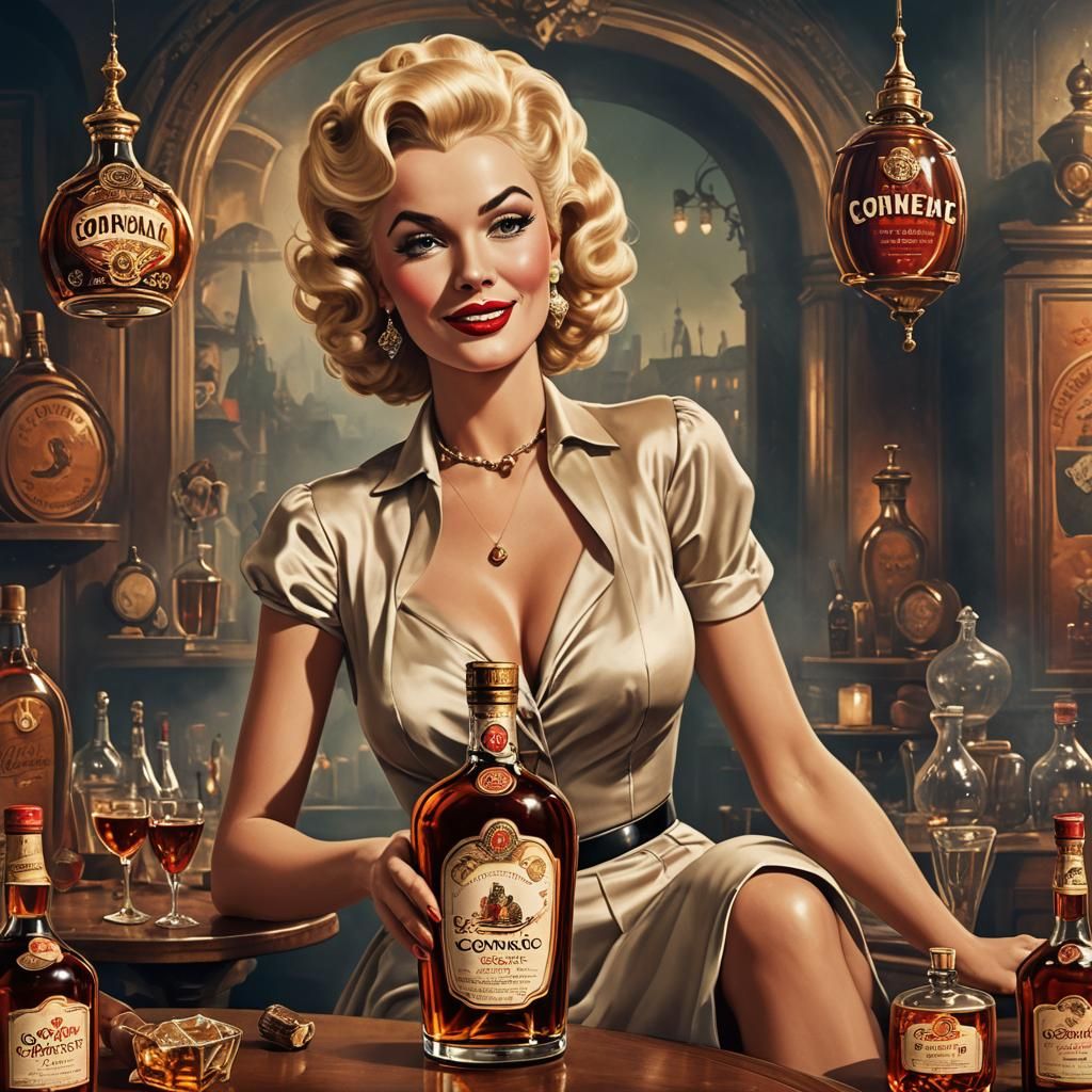 Vintage Cognac Ad with Pin-Up Girl in Matte Painting