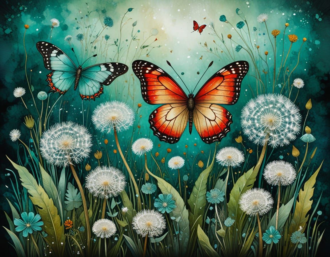 Alcohol ink : mixed media : stylised, meadow with many large fluffy dandelions, arabesque : Andy Kehoe, white scarlet te...