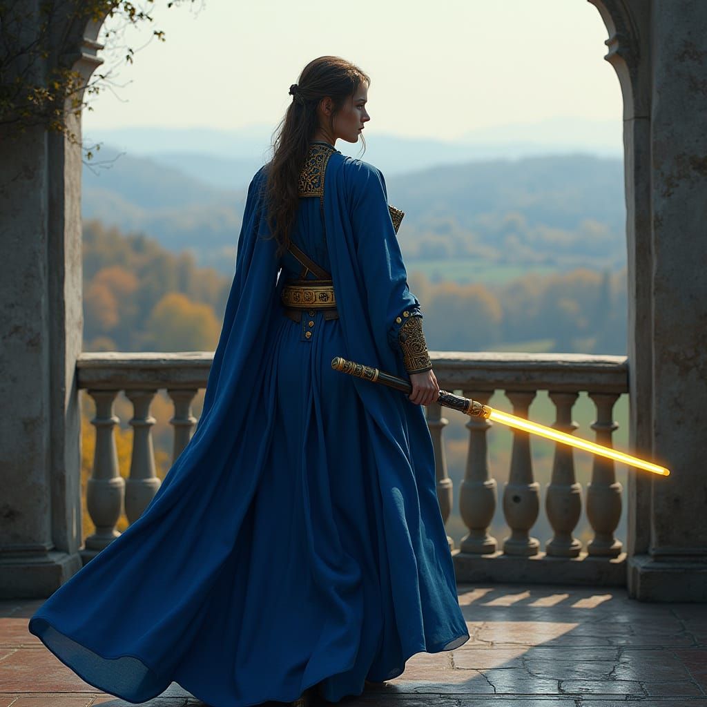 Jedi Knight with Yellow Lightsaber in Ukrainian Landscape