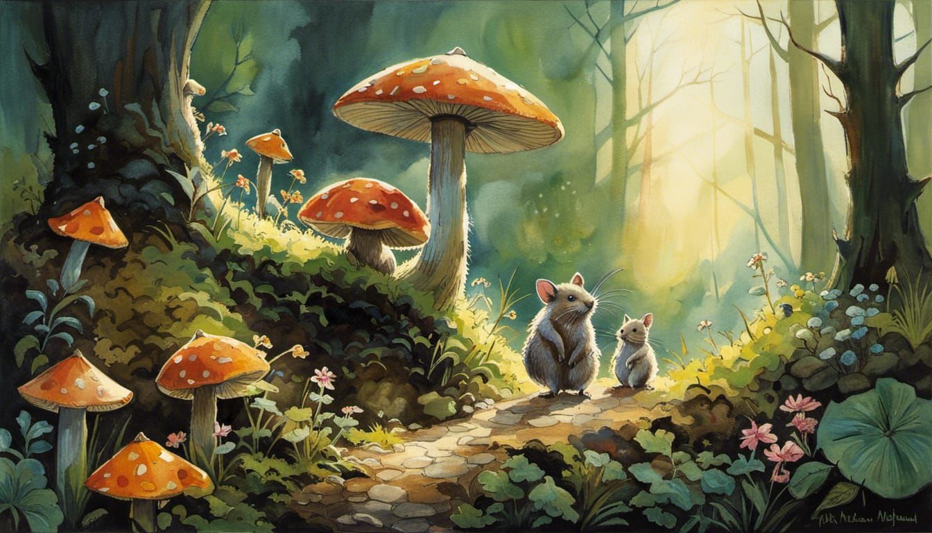 Anime Mouse in Steampunk Forest Watercolor