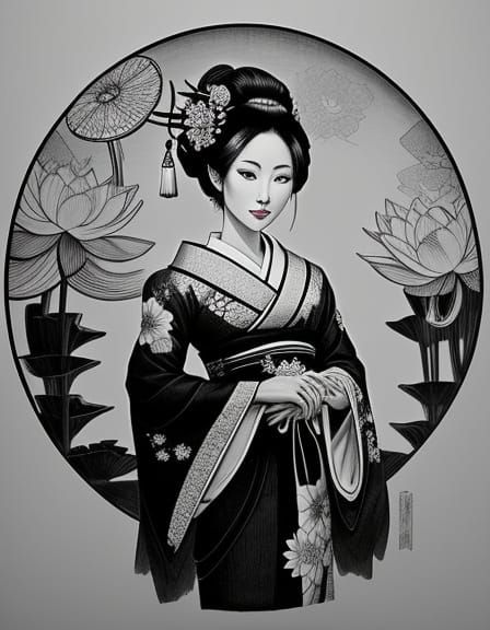 Geisha Holding Lotus Blossom in Etching Style
