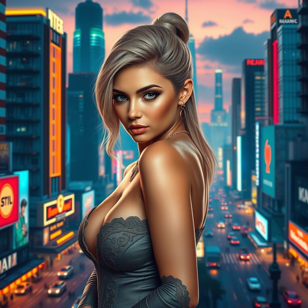 Glamorous Futuristic Goddess in Neon City