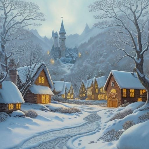 Whimsical Gingerbread Village in Enchanted Snowy Wonderland